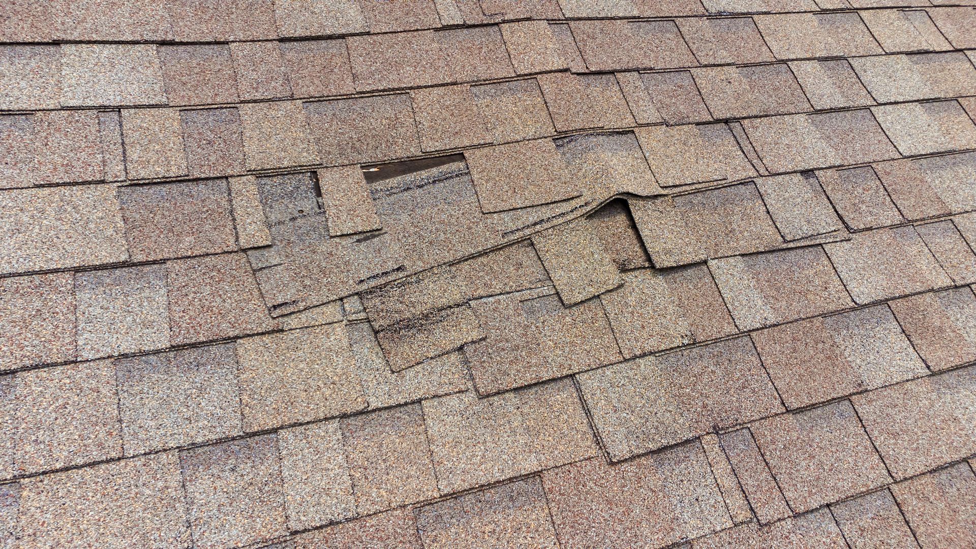 Close-up of overlapping brown asphalt roof shingles with a few uneven, raised tiles