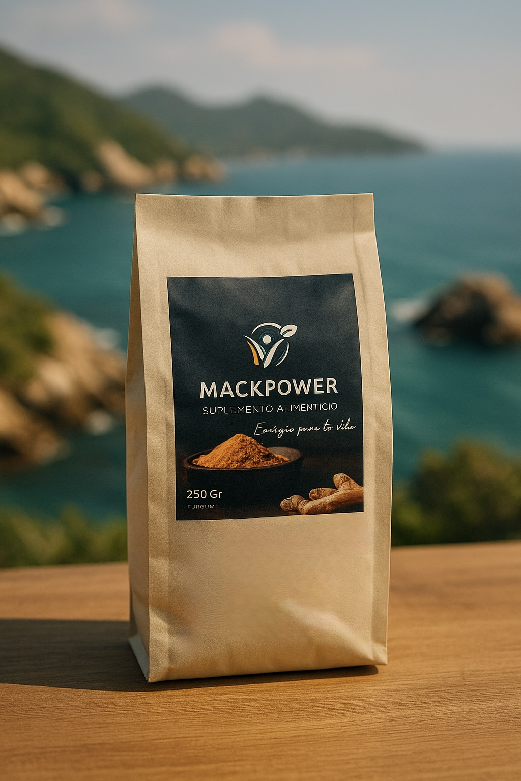 Una bolsa de papel con polvo de suplemento MACKPOWER sobre una superficie de madera con un paisaje costero de fondo.
