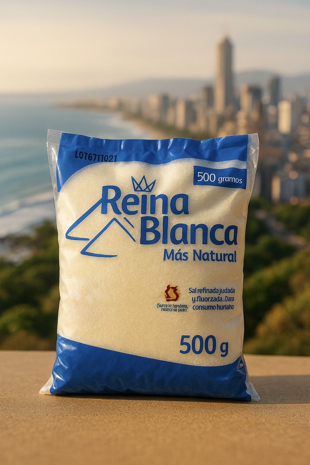 Una bolsa de 500 gramos de azúcar Reina Blanca reposa sobre una cornisa con vistas al horizonte borroso de una ciudad costera al atardecer.