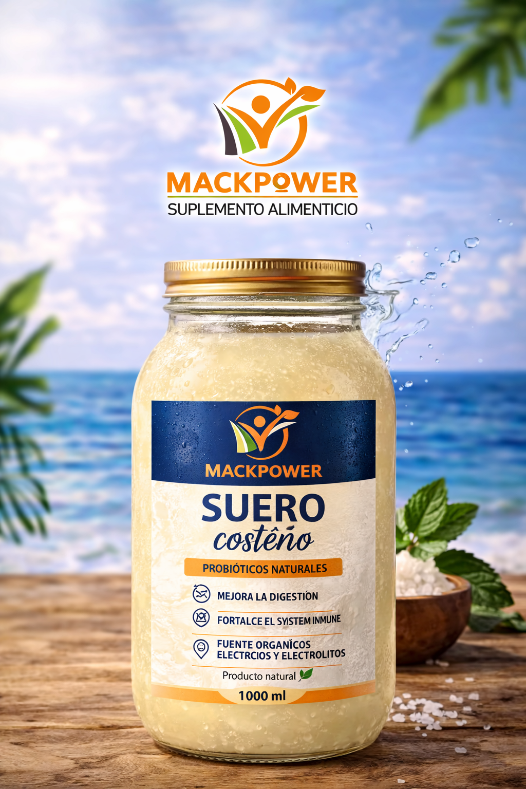 Una botella de Mackpower Suero Costeño, un suplemento nutricional, con lima, sal y un fondo marino tropical.