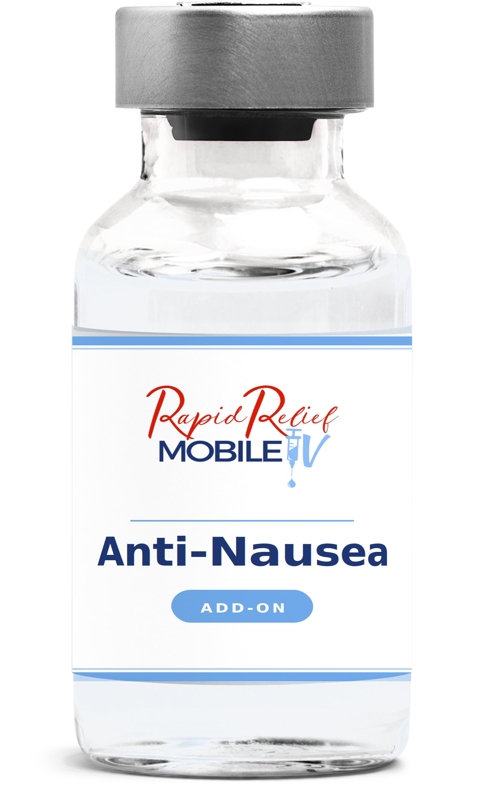 Vial labeled “Rapid Relief Mobile IV Anti-Nausea Add-On” with a gray cap and white label