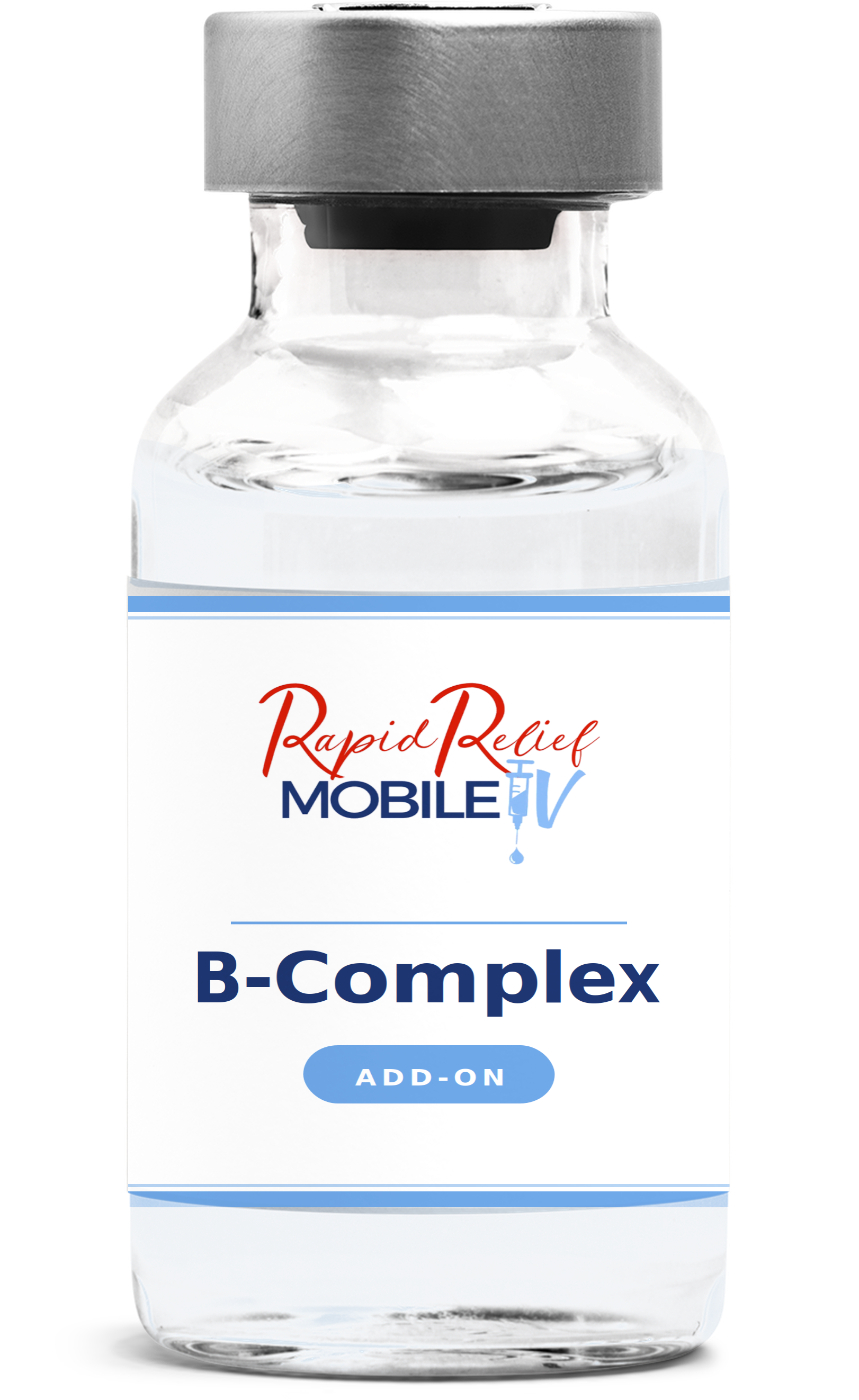 Clear vial labeled “Rapid Relief Mobile IV B-Complex Add-On” with a gray cap on white background