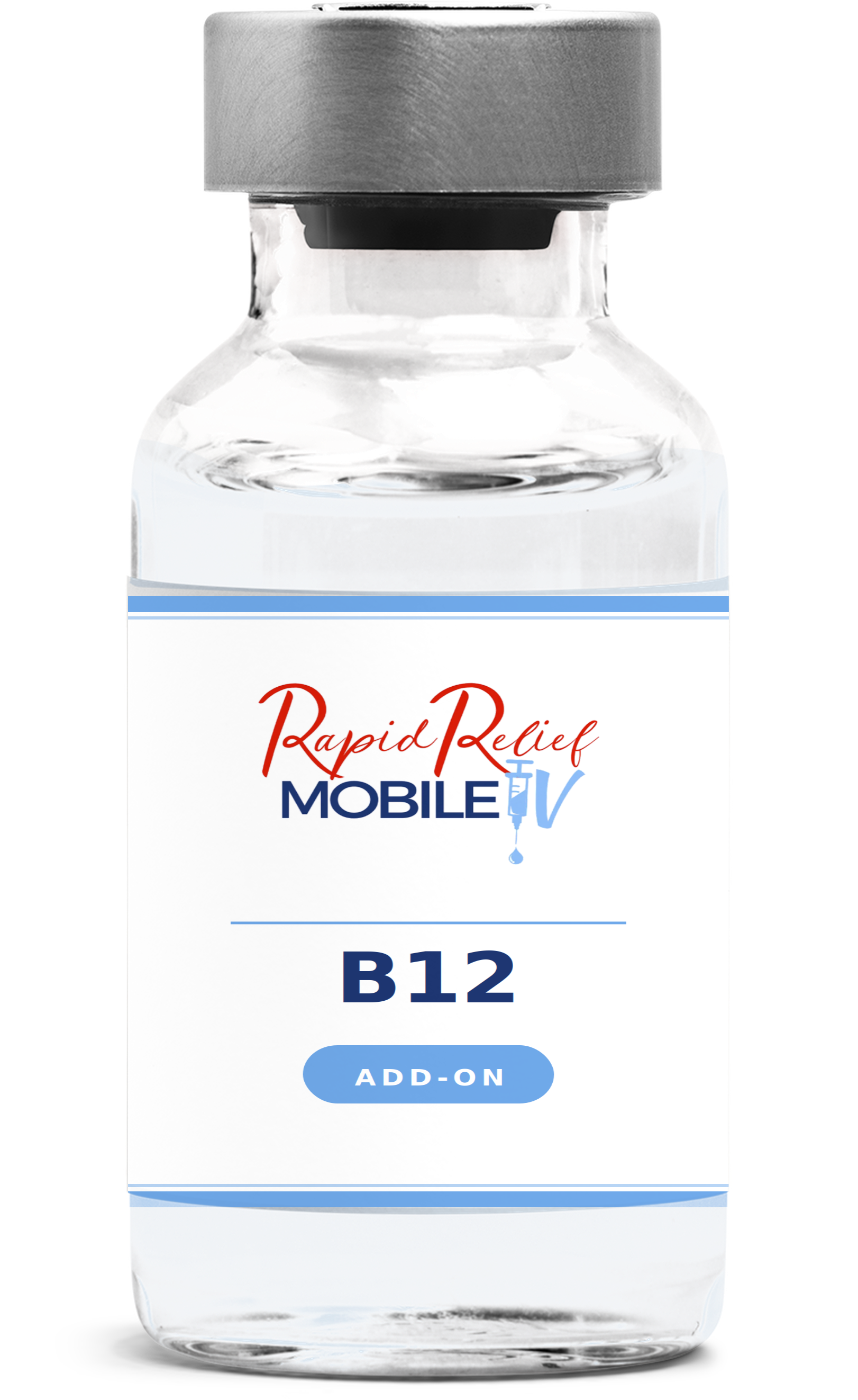 Vial labeled “Rapid Rejuvenate Mobile IV B12 Add-On” with a gray cap on a white background