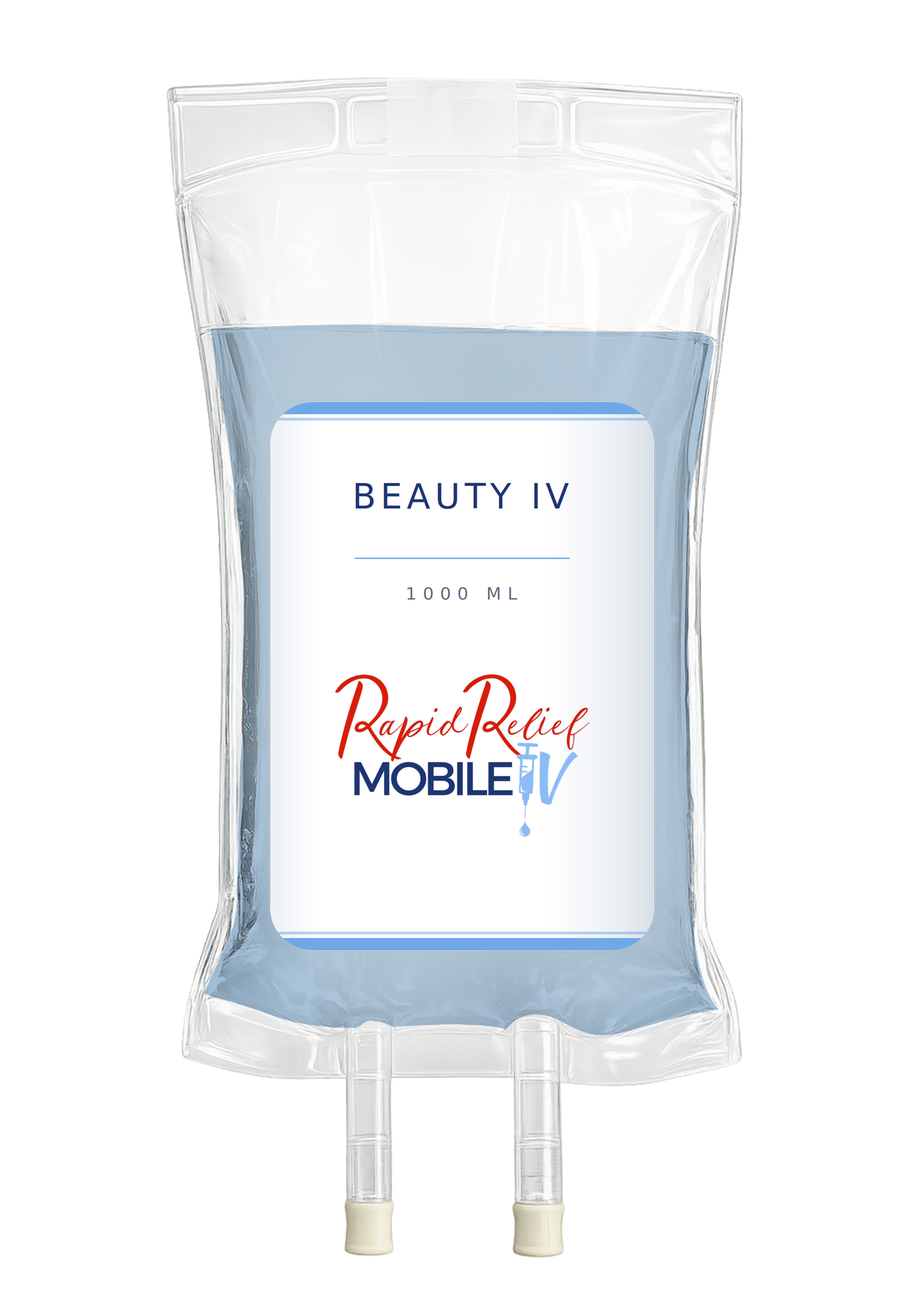 Clear IV bag labeled “Beauti IV” and “Mobile IV” with two hanging tubes