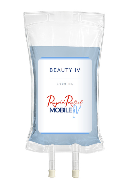 Clear IV bag labeled “Beauty IV” with light blue liquid and two tubes at the bottom