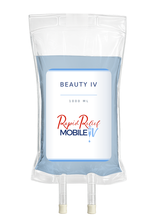 Clear IV bag labeled “Beauty IV” with light blue liquid and two tubes at the bottom