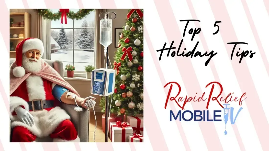 Santa in chair beside holiday décor, with text “Top 5 Holiday Tips” and “RoviDial Mobile”