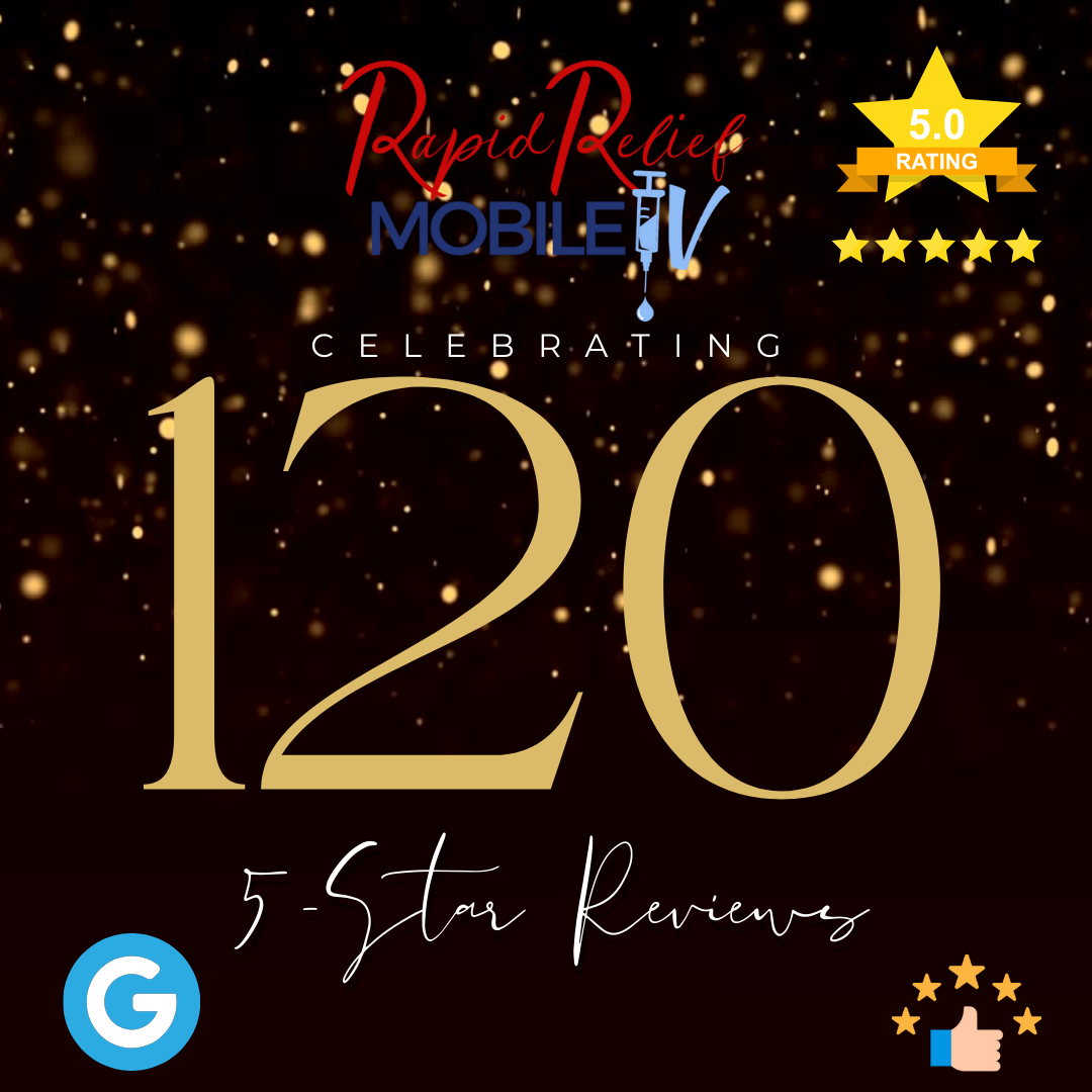 Blue and gold 5-star review graphic celebrating 120 reviews for Rapid River Mobile It.