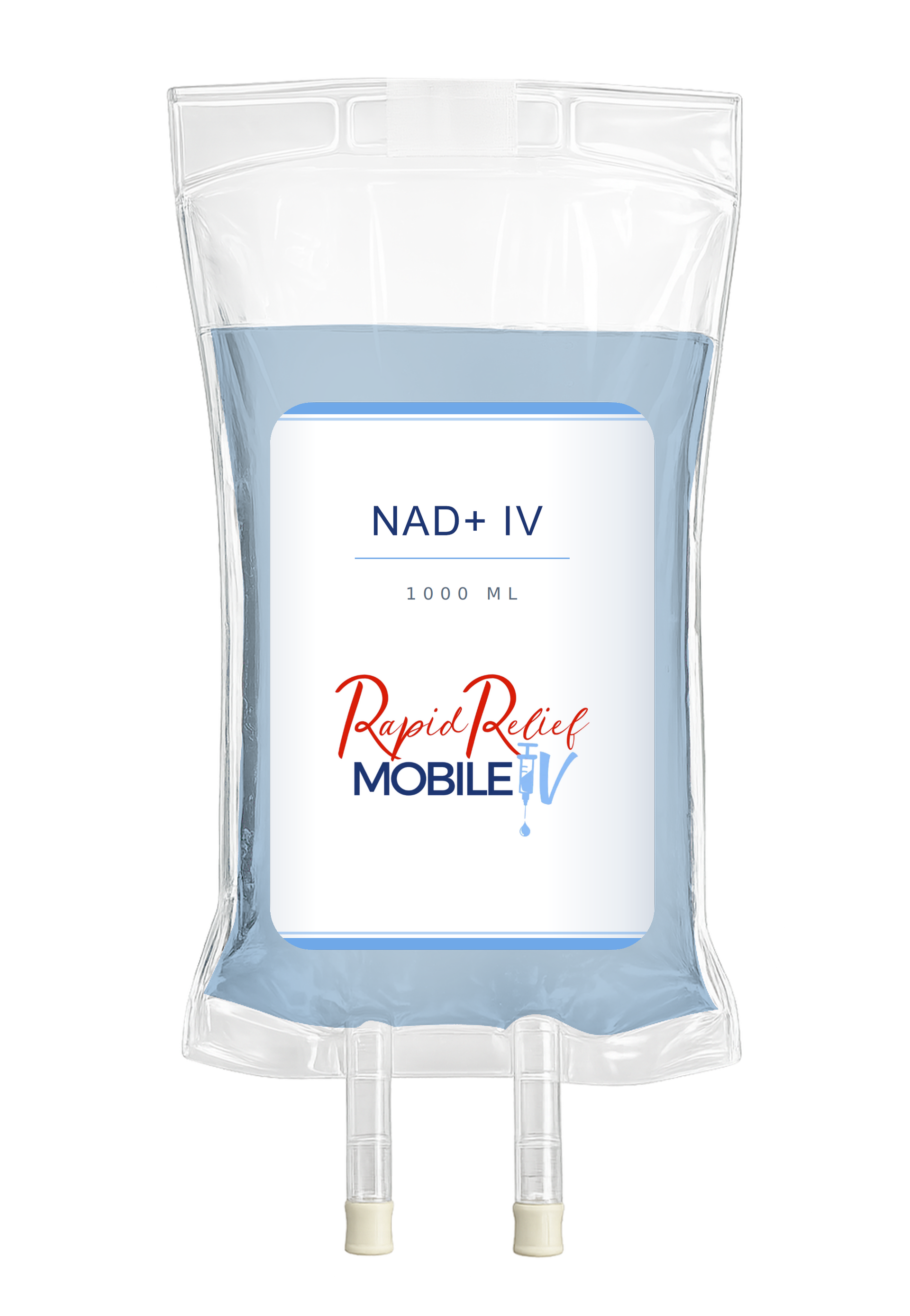 Clear IV bag with blue fluid labeled “NAD+ IV” and “Revive IV” hanging upright.