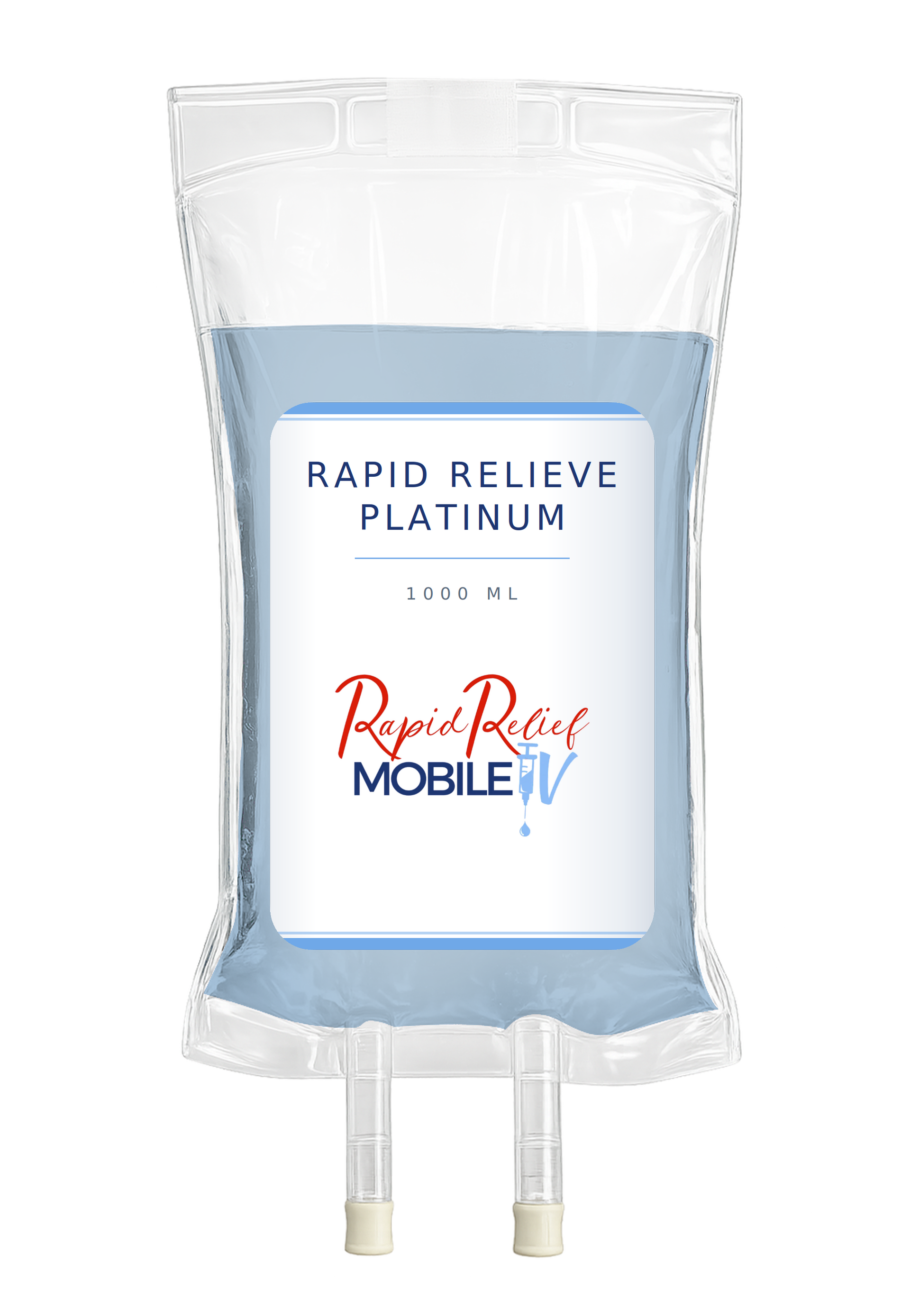Transparent IV bag labeled “Rapid Relief Platinum” with blue liquid and two hanging ports