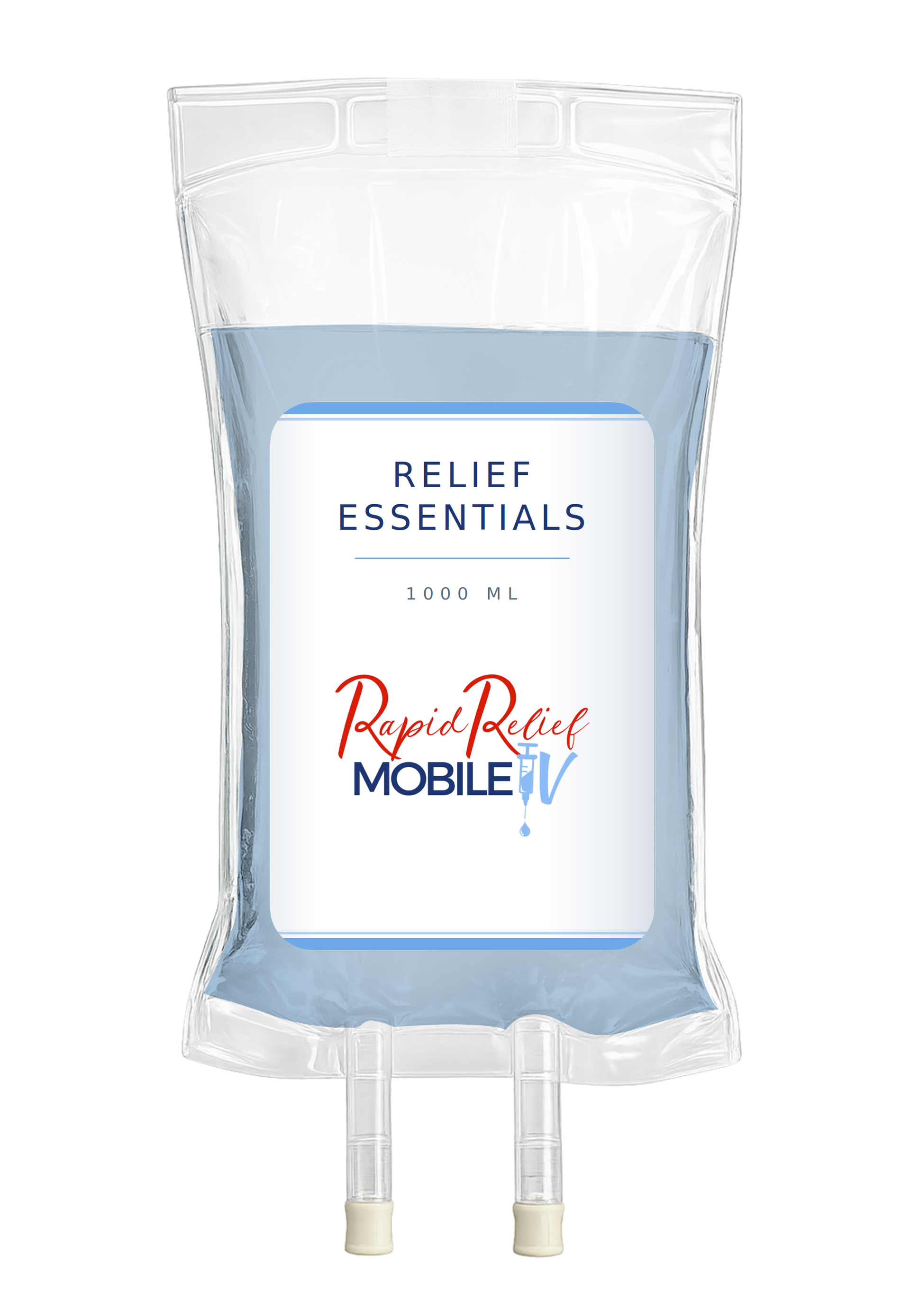 Clear medical IV bag with blue and white label, “Relief Essentials” and “Pepcid PreMix Mobile IV.”