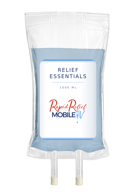 Clear IV bag labeled “Relief Essentials” and “Rapid Renu Mobile IV” with blue fluid.