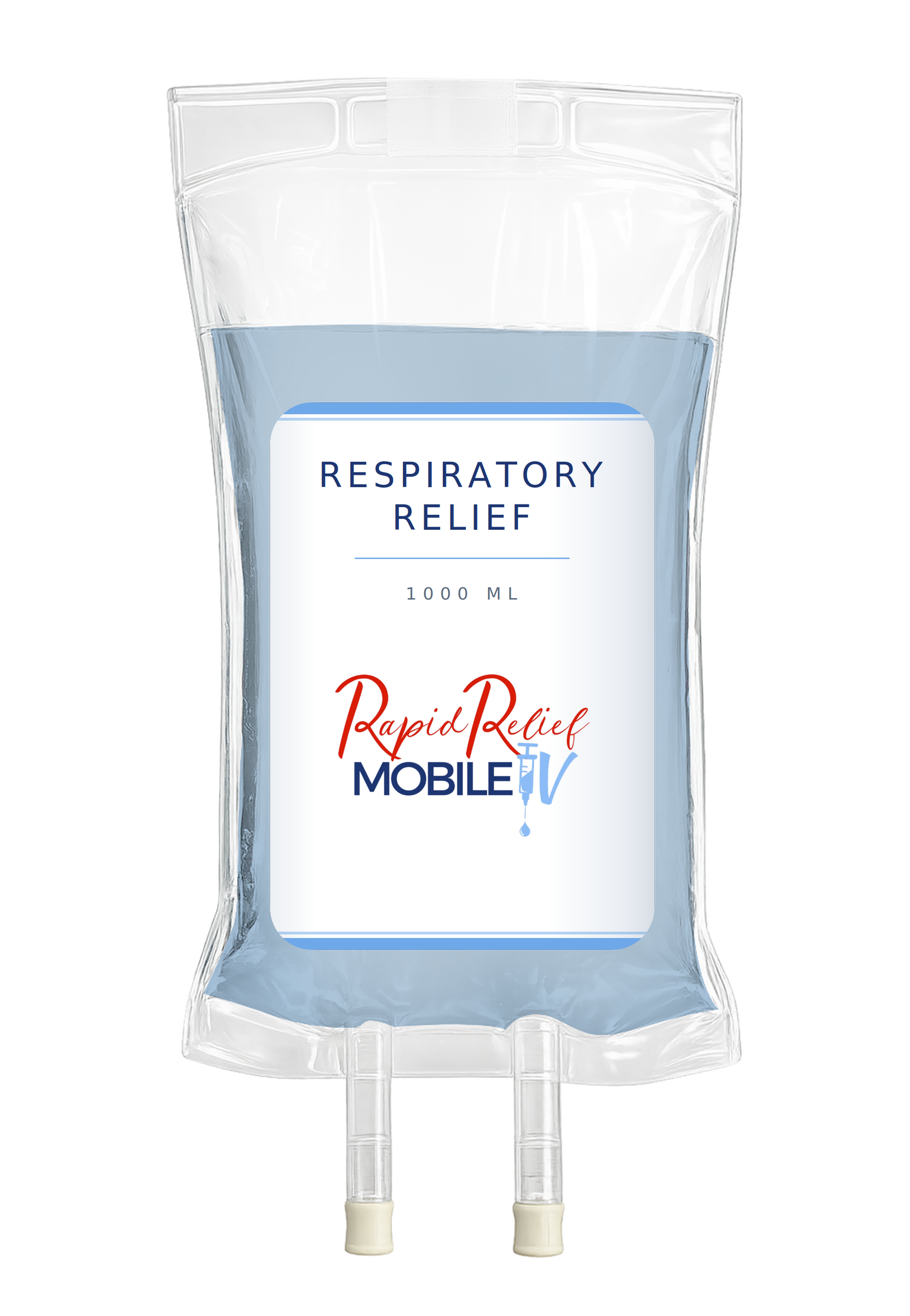Clear IV bag labeled “Respiratory Relief” with blue and red text and two tubes at the bottom