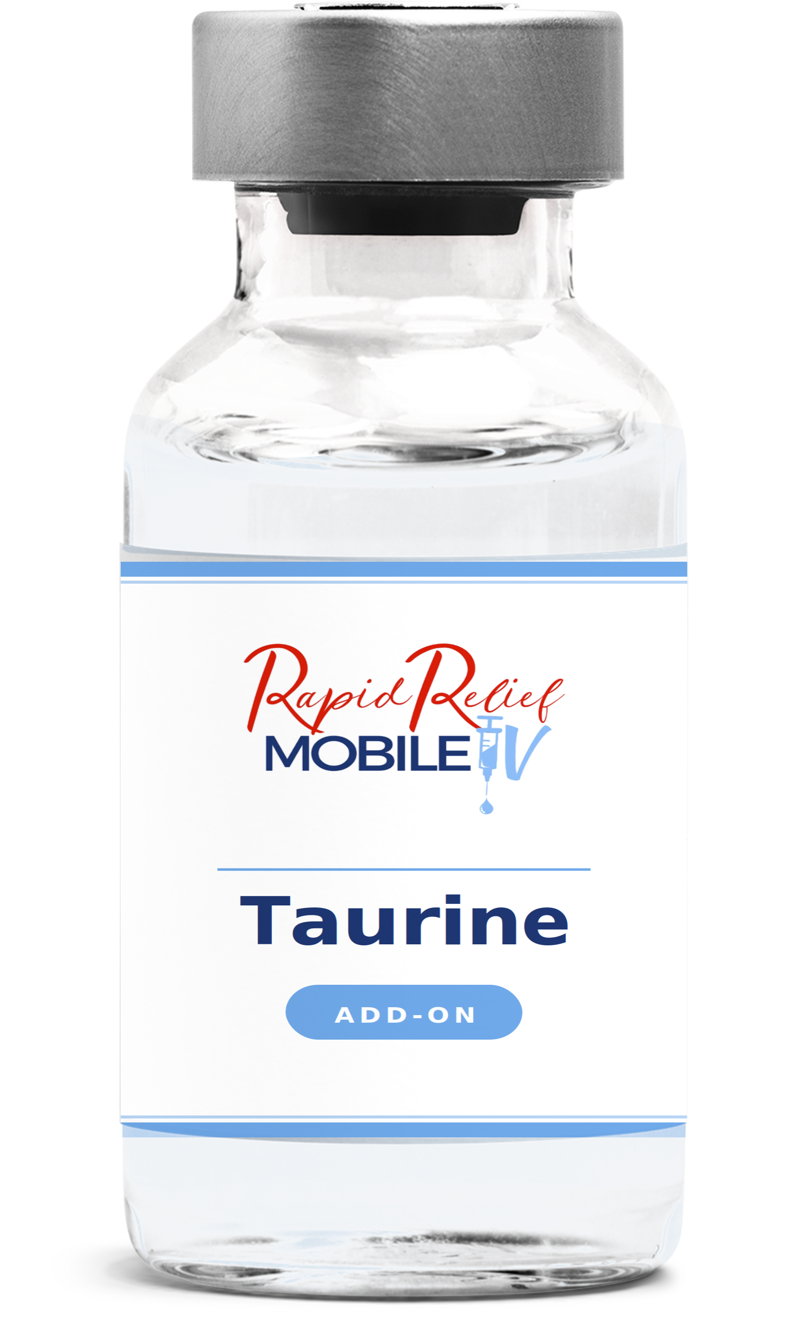 Clear vial labeled “Rapid Relief Mobile Taurine Add-On” with gray cap on white background