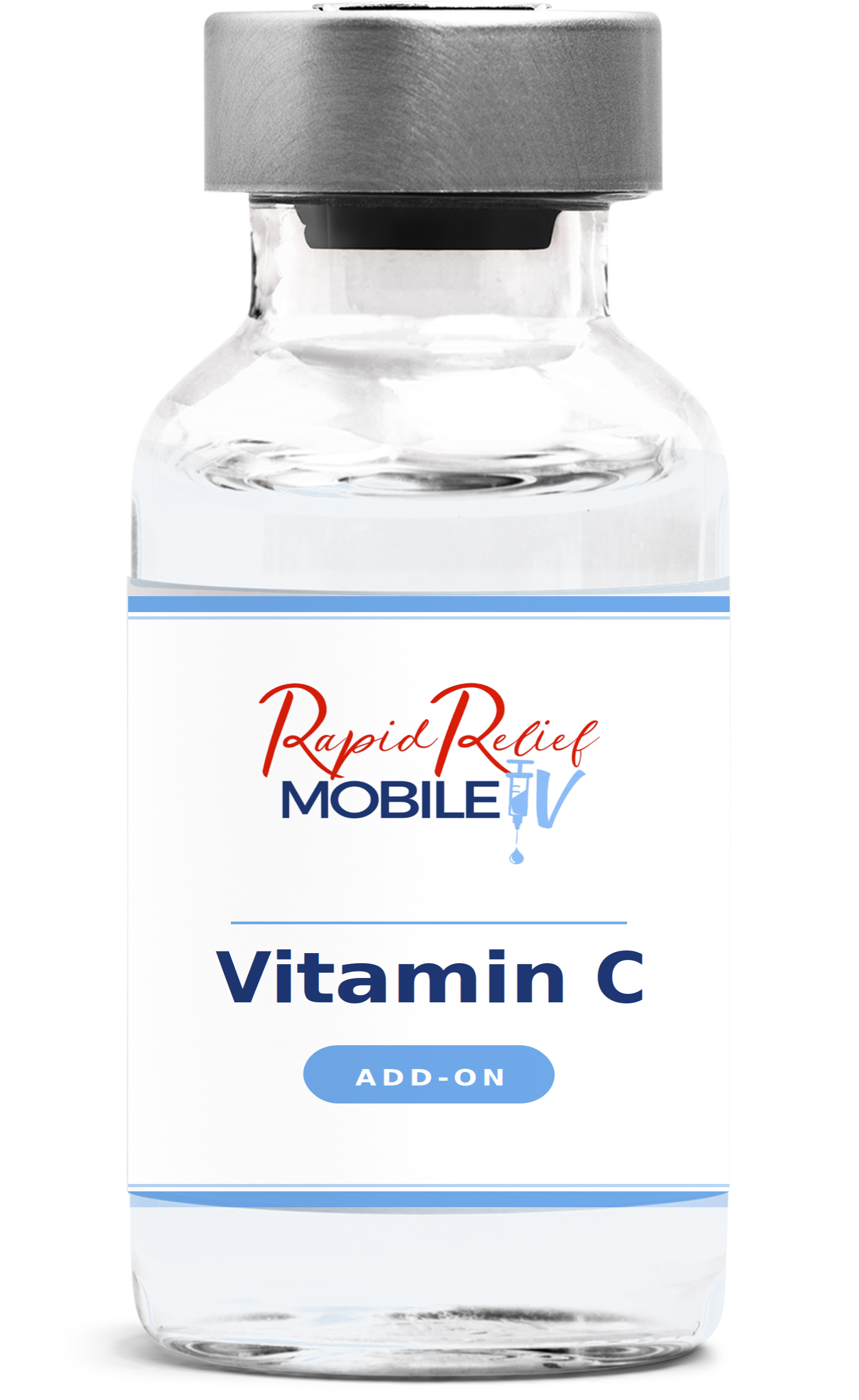 Clear vial labeled “Rapid Relief Mobile IV” with Vitamin C add-on and a black cap