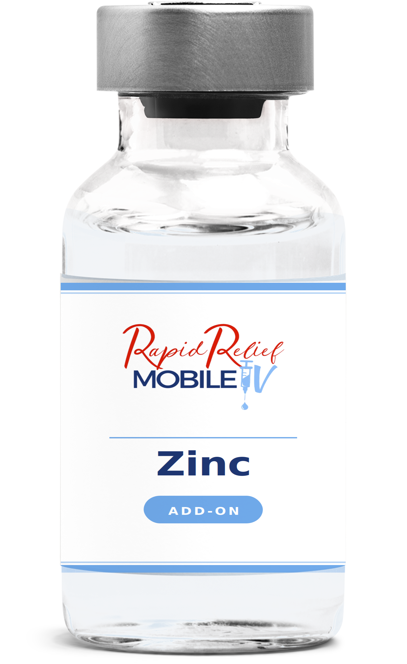 Clear vial labeled “Rapid Revive Mobile IV Zinc Add-On” with black cap on white background