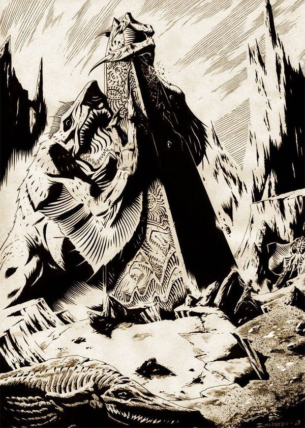 A black and white drawing of a person standing on a rock