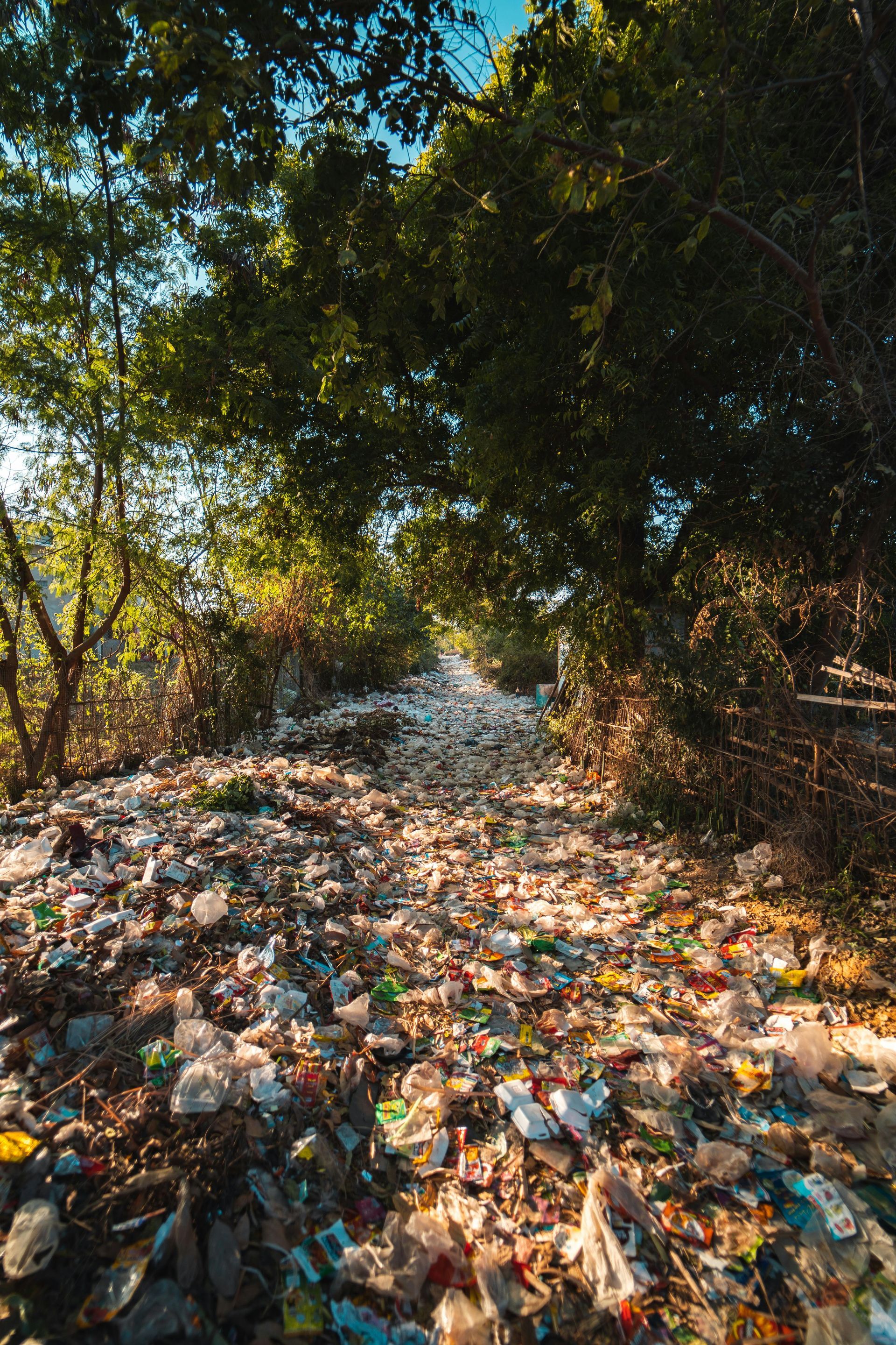 A pile of trash in the middle of a forest.