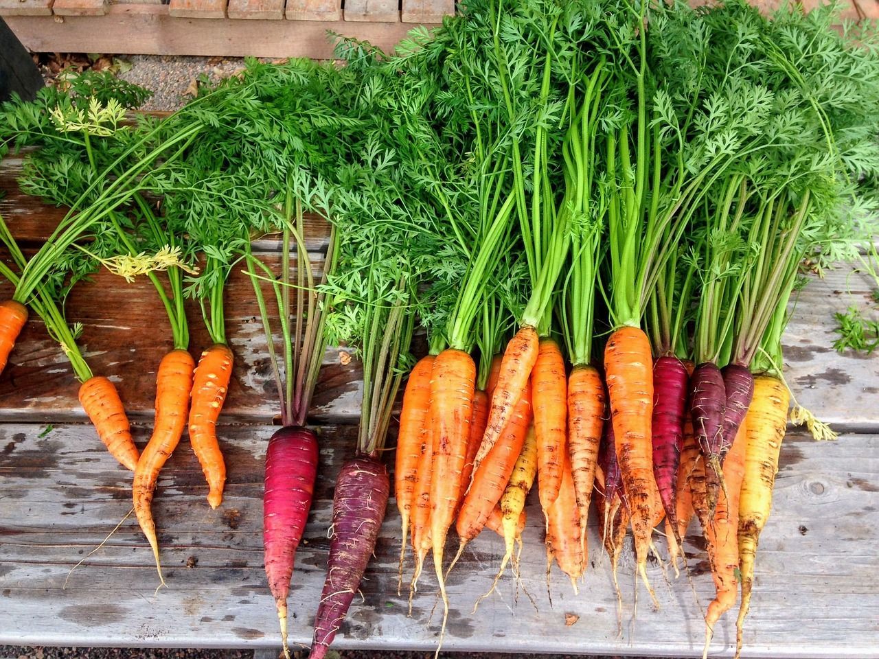A bunch of carrots are sitting on a wooden table