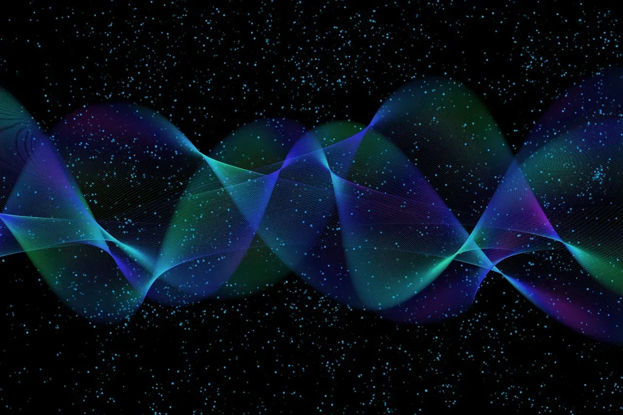 A blue and green wave on a black background with stars.