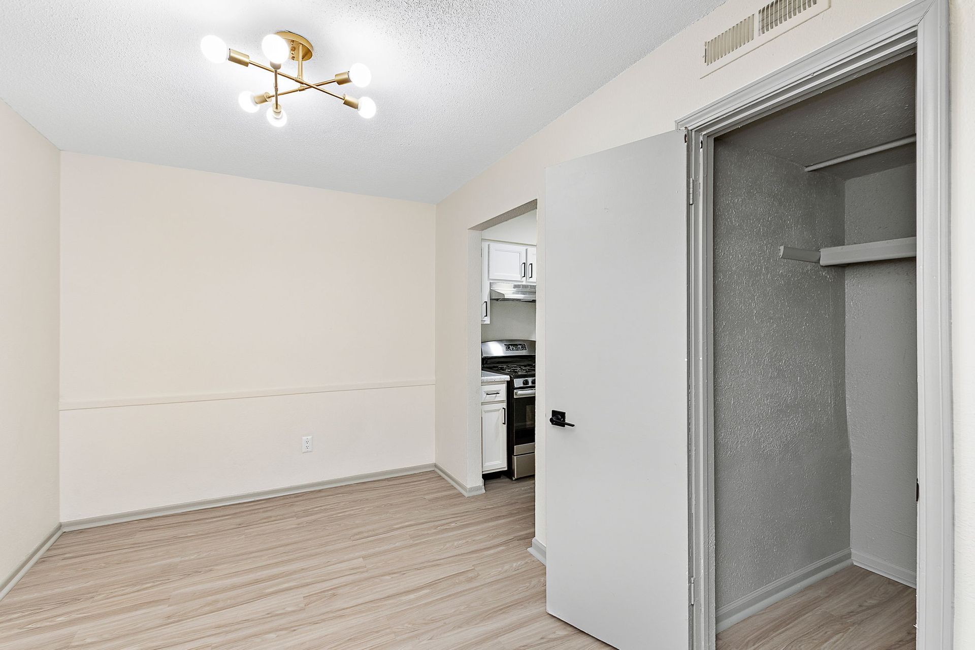 Empty beige bedroom with open closet, white walls, and light wood flooring