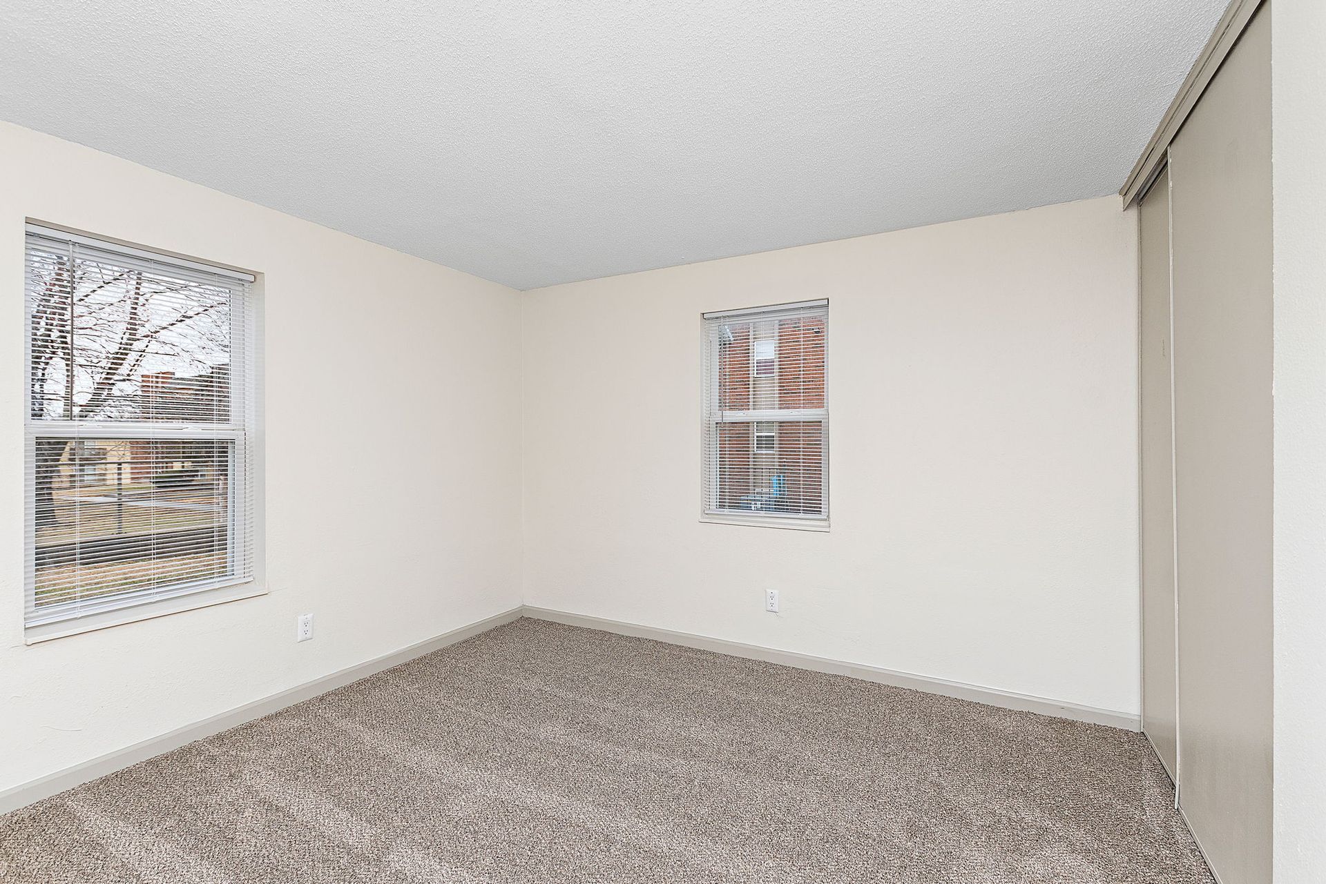 Empty beige bedroom with carpet, two windows, and closed blinds on one wall