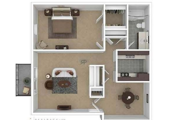 Apartment floor plan labeled “The Aster,” 822 sq ft, 1 bed, 1 bath, with furnished rooms.