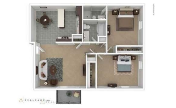 Apartment floor plan labeled “The Calypso,” 1,050 sq. ft., 2 bed, 2 bath.