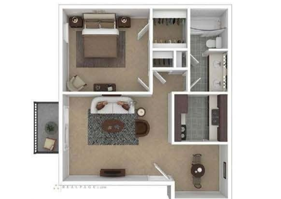 Floor plan of The Laurel, a 750 sq. ft. 1 bed, 1 bath apartment with labeled rooms and furniture layout