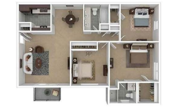 Floor plan of The Mimosa apartment, 1,300 sq. ft., 3 bed, 2 bath, with labeled rooms and layout.