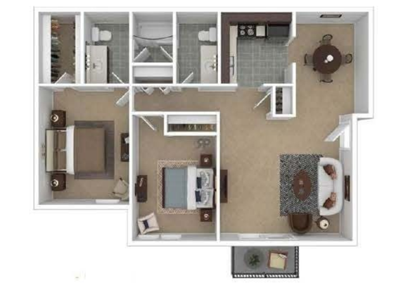 Apartment floor plan labeled “The Primrose,” 1,100 sq ft, 2 bed 1.5 bath, with living, kitchen, and bedrooms.