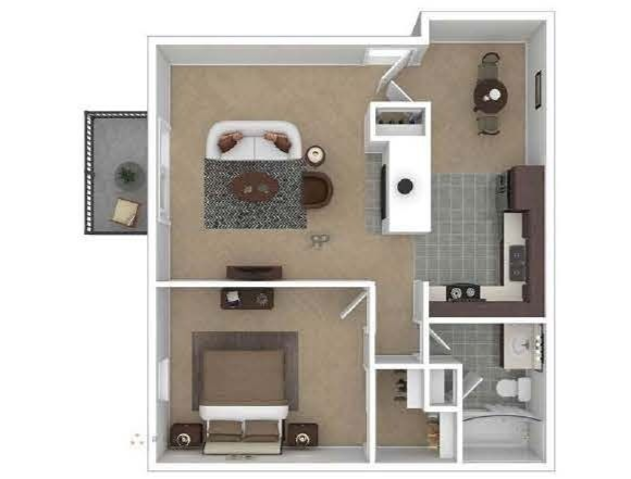 Floor plan of The Rhodora 740 sq ft one-bedroom, one-bath apartment with bedroom, bath, kitchen, and living area