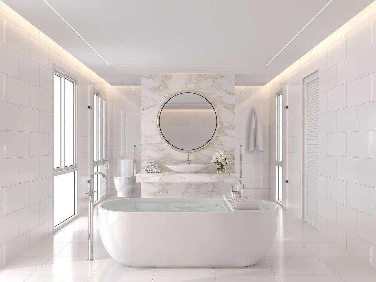 A bathroom with a bathtub , sink , toilet and mirror.