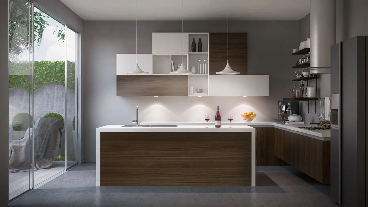 A kitchen with a large island and sliding glass doors