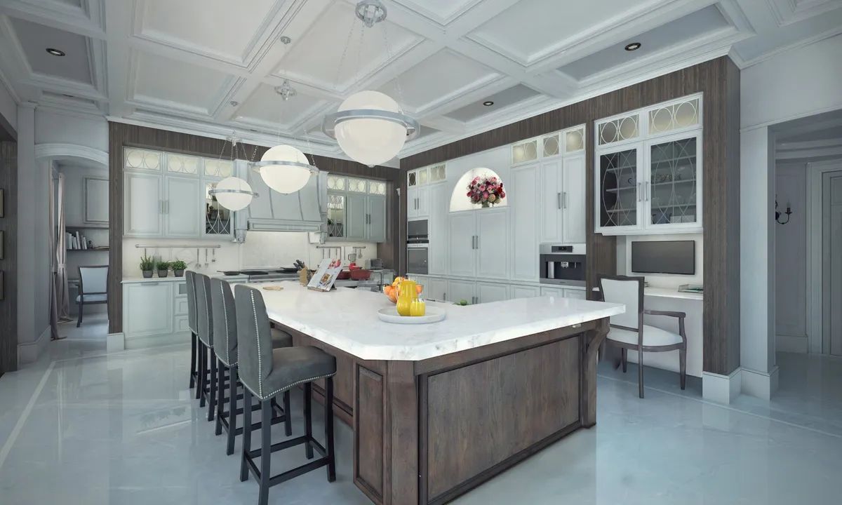 There is a large island in the middle of the kitchen.