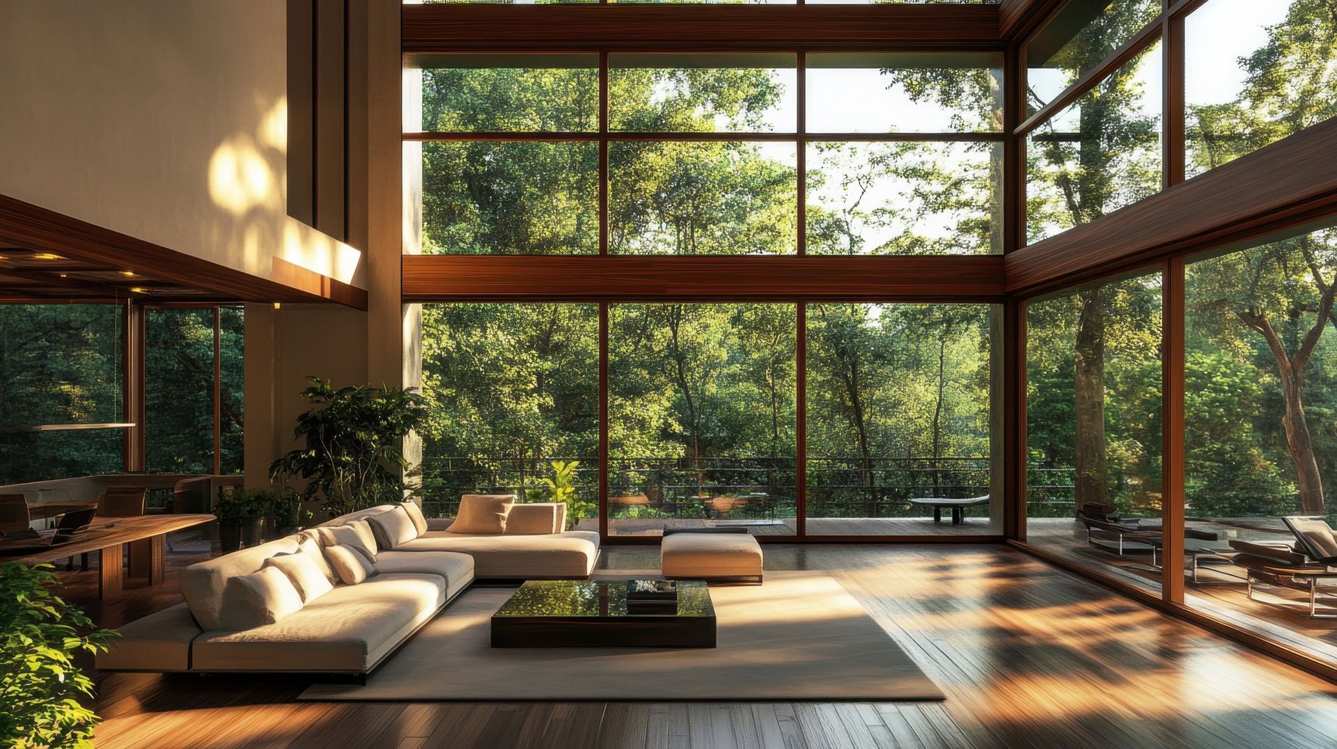 Modern living room with floor-to-ceiling windows, warm wood beams, and sunlit sofas overlooking trees