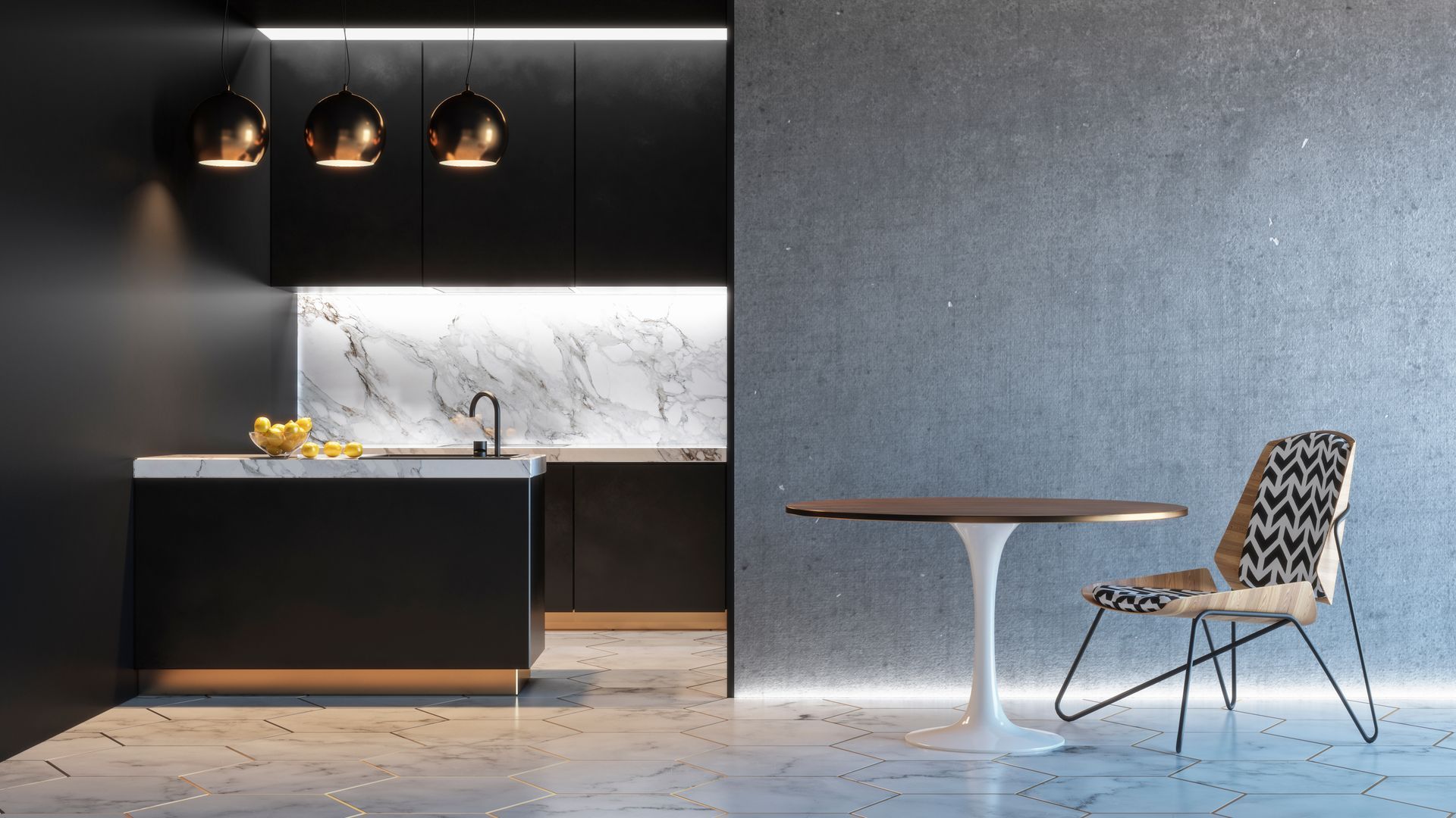 A modern kitchen with black cabinets , marble counter tops , a table and chairs.