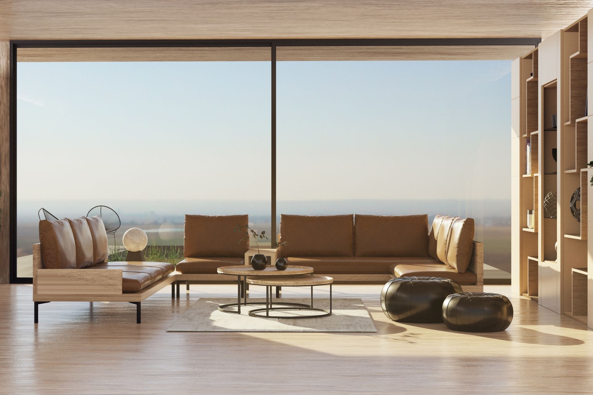 Modern living room with beige sofas, large ocean-view window, and minimalist decor