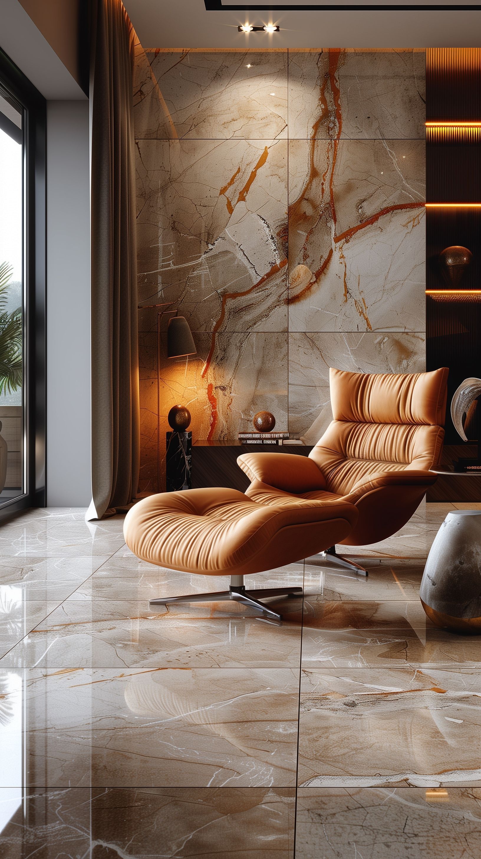 Modern lounge with tan leather chaise, marble floor, and dramatic stone accent wall lighting