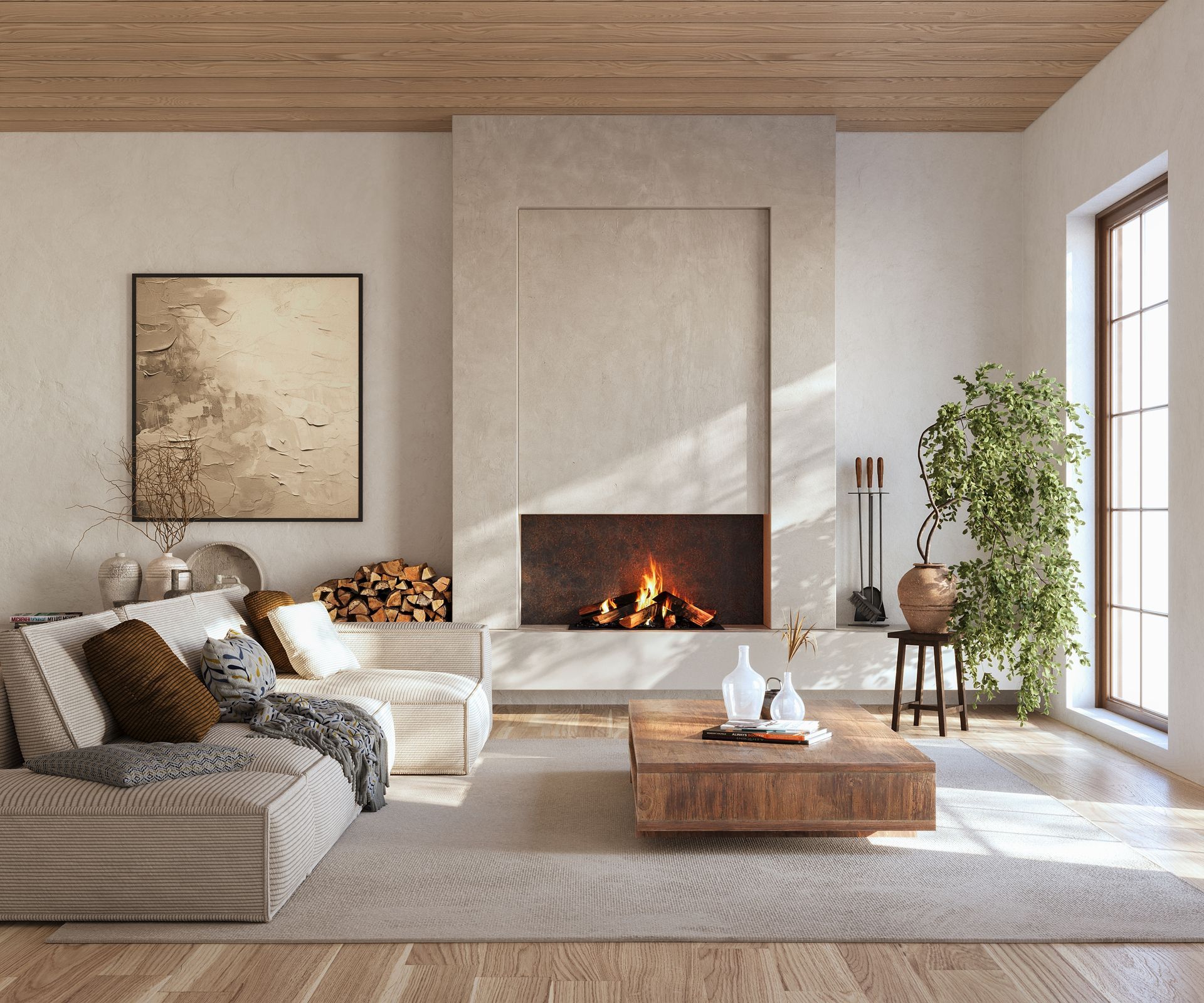 It is a living room with a fireplace and a couch.