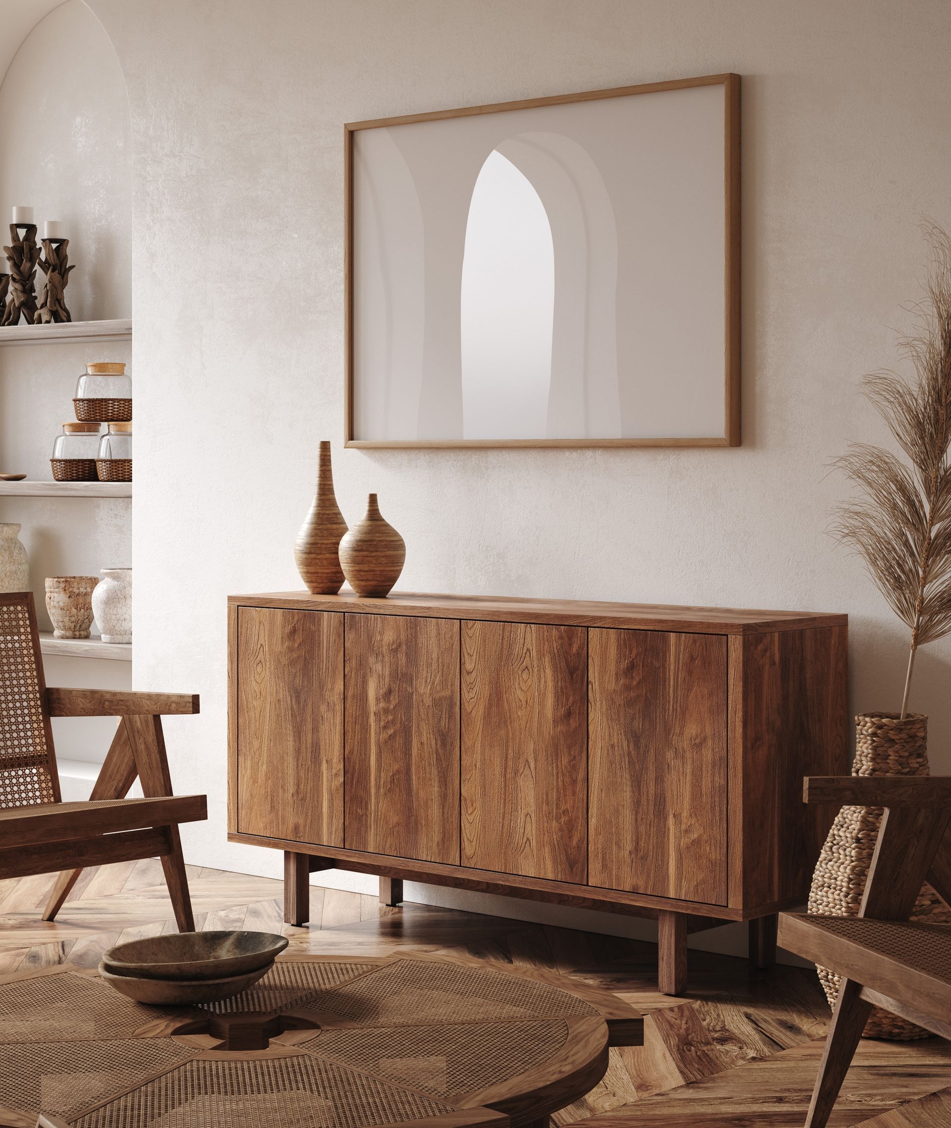 Cozy boho living room with wooden cabinet, woven chair, and neutral decor under abstract wall art