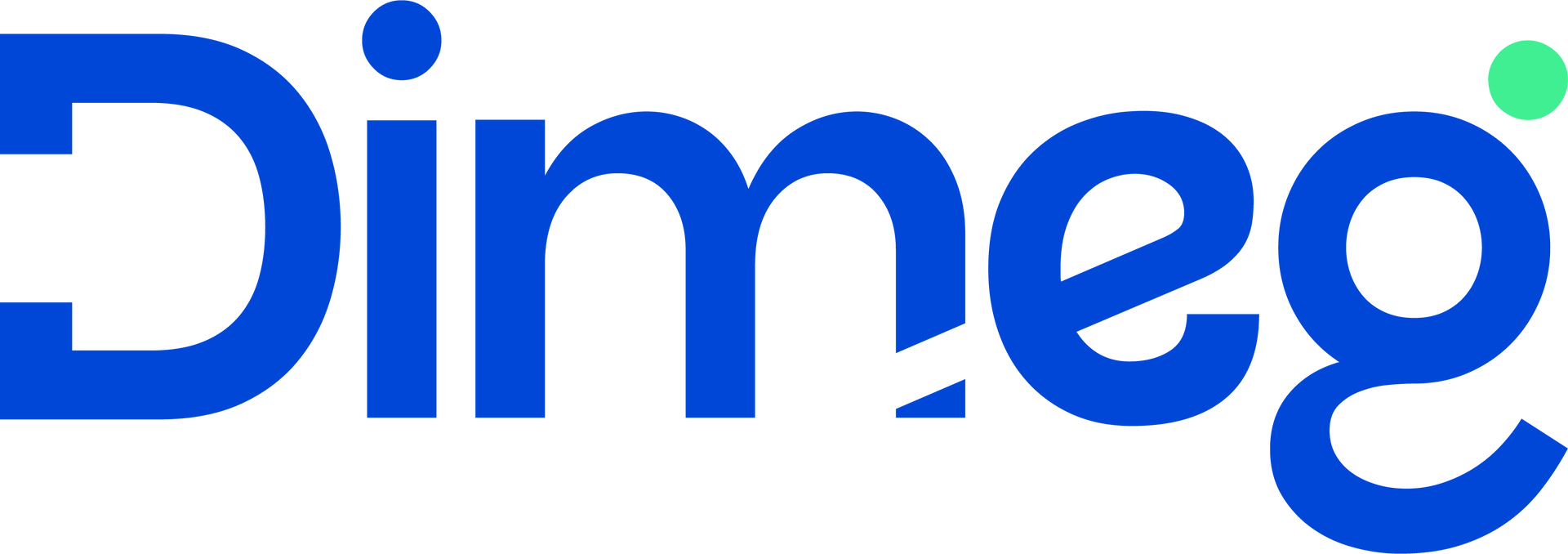 Logotipo da Dimeo em texto azul com um ponto verde acima do