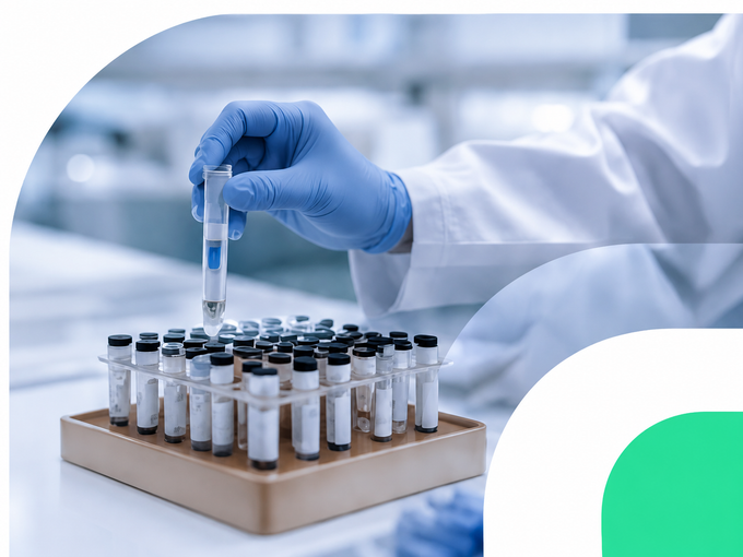 Técnico de laboratório com luvas utilizando uma pipeta sobre frascos de amostra em uma bandeja de laboratório.