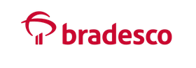 Logotipo do banco Bradesco em vermelho com emblema estilizado e marca denominativa sobre fundo branco.