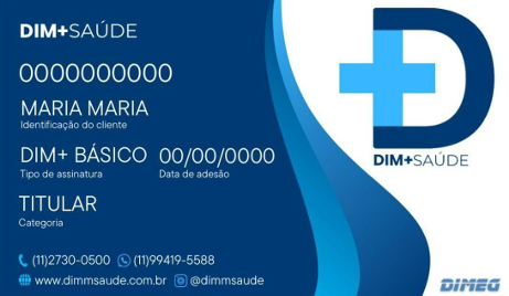 Cartão azul da DIM+SAÚDE com nome Maria Maria e logotipo em forma de cruz.