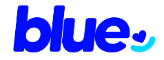 Logotipo azul com um ícone estilizado de rosto sorridente.