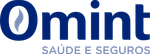 Logotipo da Omint Saúde e Seguros em texto azul com um emblema circular à esquerda.