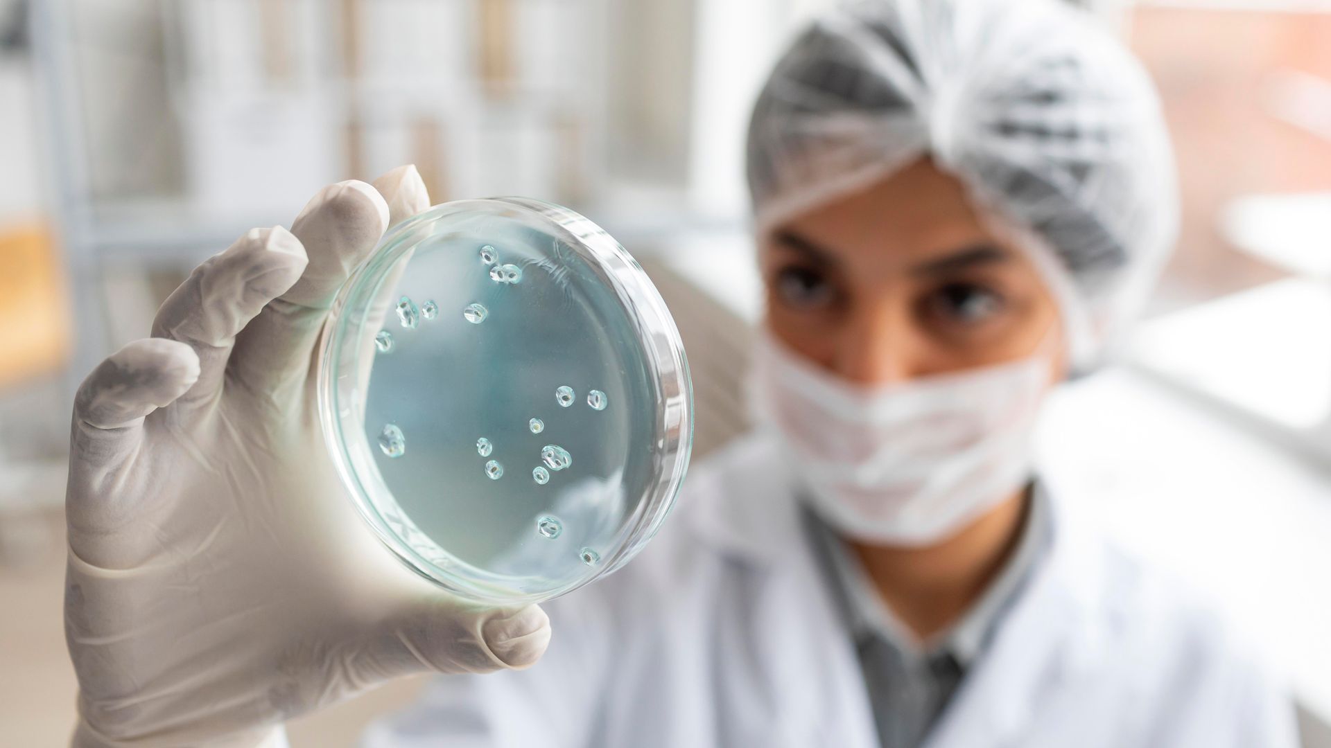 Cientista de jaleco e máscara segurando de perto uma placa de Petri com colônias bacterianas.