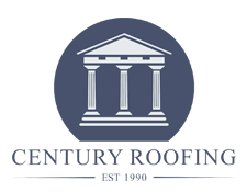The logo for century roofing is a building with three columns.