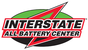 The logo for interstate all battery center has a lightning bolt on it.